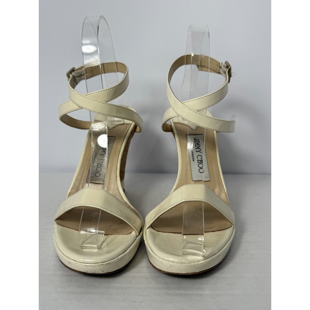 Jimmy Choo‎ London Wedge Sandals Women's Size 7 Cream Open Toe Ankle Strap - Picture 2 of 7
